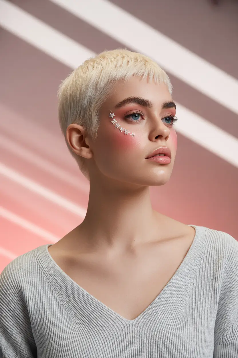 spring hair color light skin 2026 Platinum Micro Pixie with Soft Edge