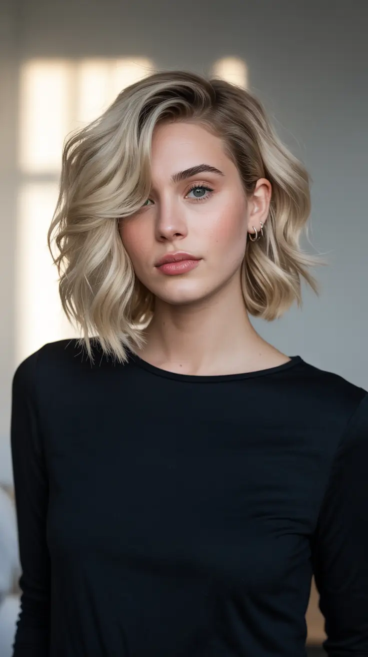 spring hair color light skin 2026 Textured Champagne Blonde Bob