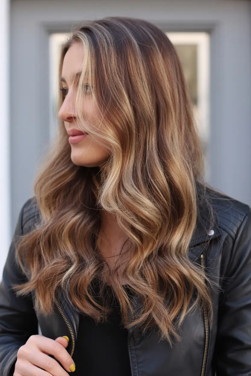 spring hair color light skin 2026 Caramel Peekaboo Balayage on Solid Brown Base