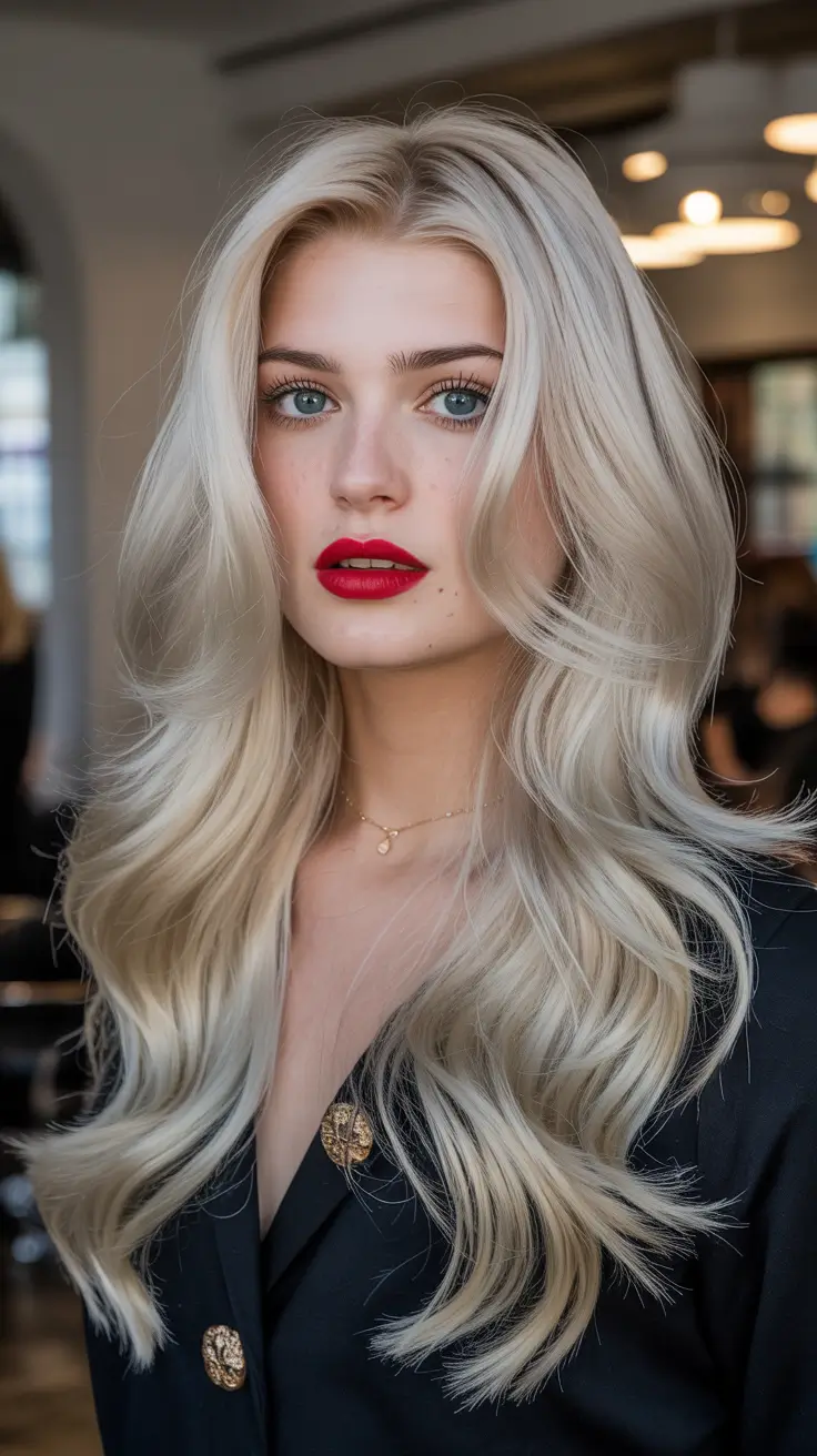 spring hair color light skin 2026 Hollywood Creamy Blonde with Voluminous Layers