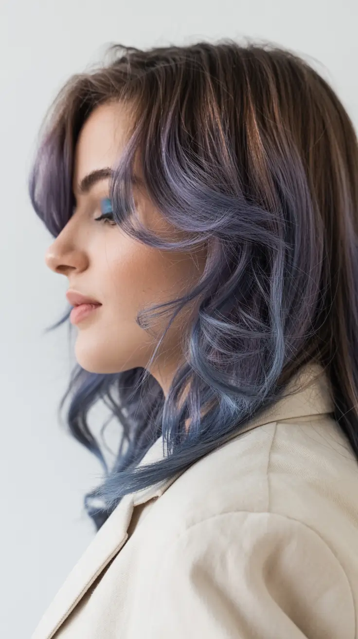 spring hair color light skin 2026 Muted Blue Peekaboo on Dark Brown Layers