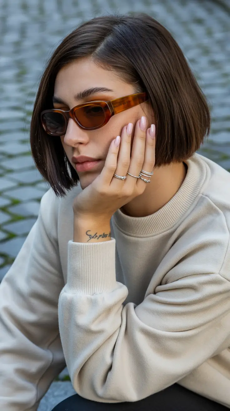 spring short Hairstyles 2026 Sleek Espresso Micro Bob With a Side Part