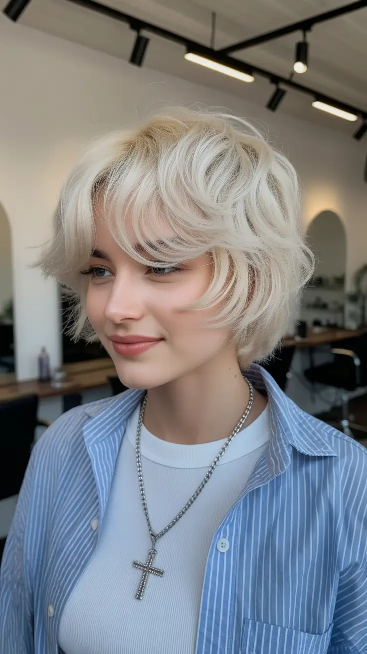 spring short Hairstyles 2026 Soft Layered Platinum Crop With Feathered Bangs