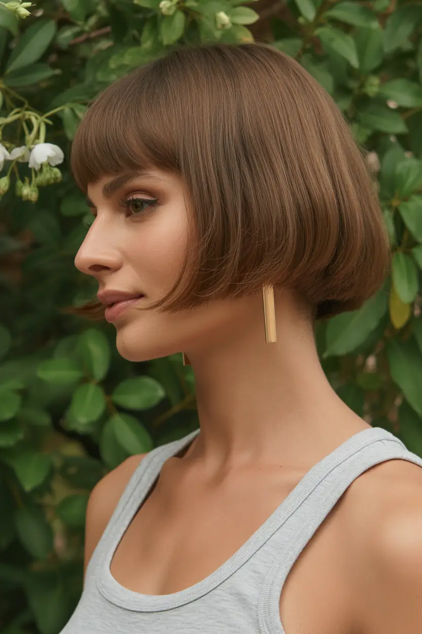 spring short Hairstyles 2026 Soft Chestnut Rounded Bob With Micro Bangs