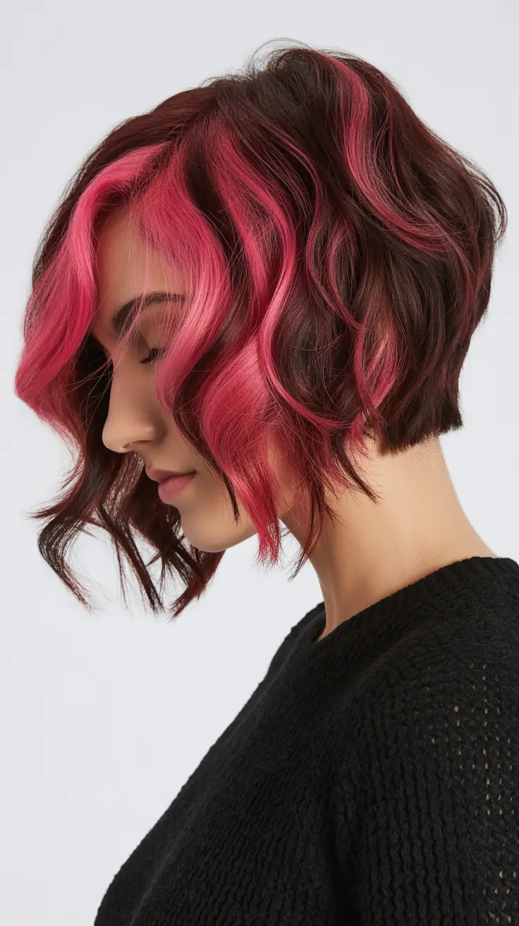 spring haircuts 2026 Textured Bob With Bold Pink Panels