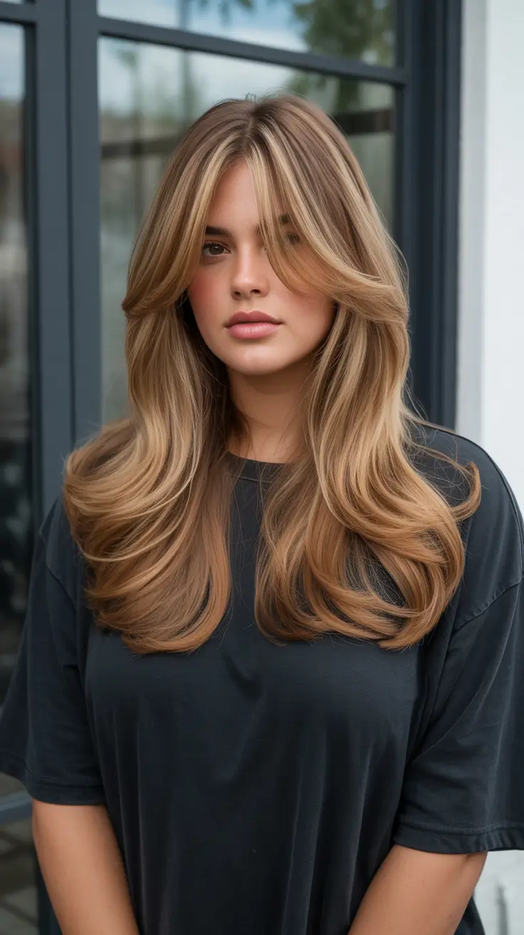spring hair color for tan skin 2026 Caramel Melt Layers With Soft Curtain Flow
