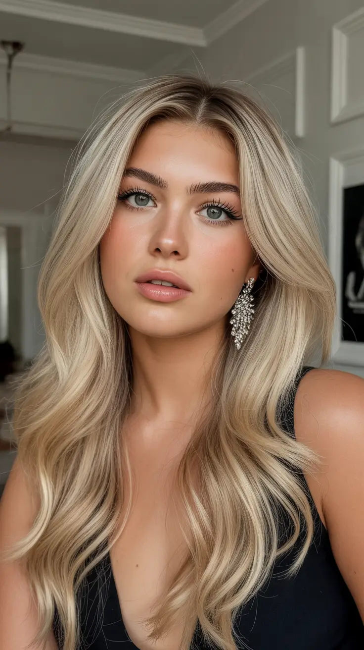 spring hair color for tan skin 2026 Champagne Blonde Waves With Polished Shine