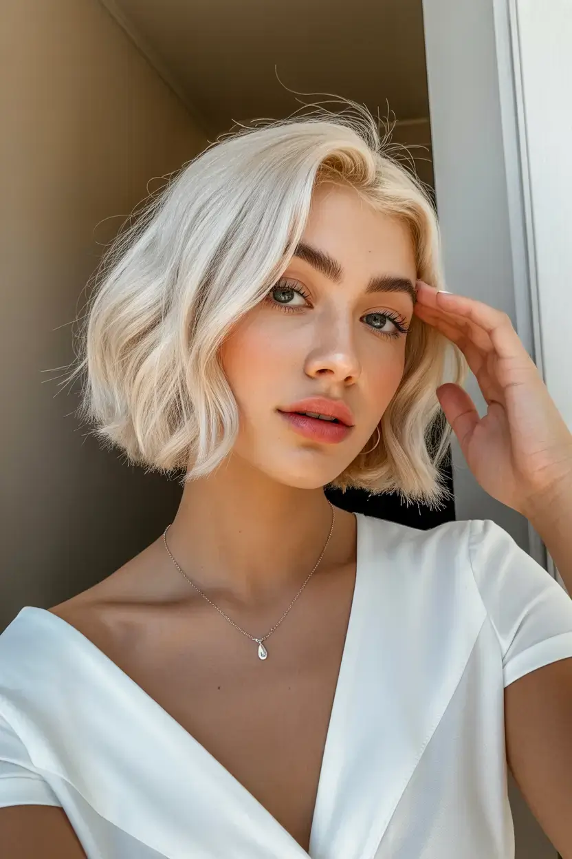 spring hair color for tan skin 2026 Soft Platinum French Bob With Airy Texture