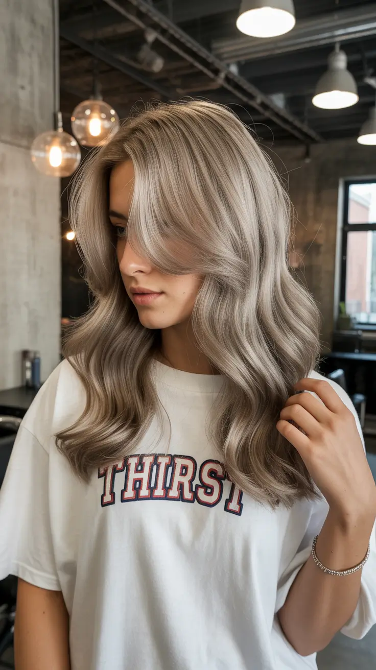 spring hair color for tan skin 2026 Smoky Beige Waves With Cool Dimension