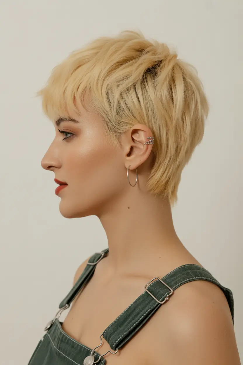 spring hair color for tan skin 2026 Modern Champagne Pixie With Edge