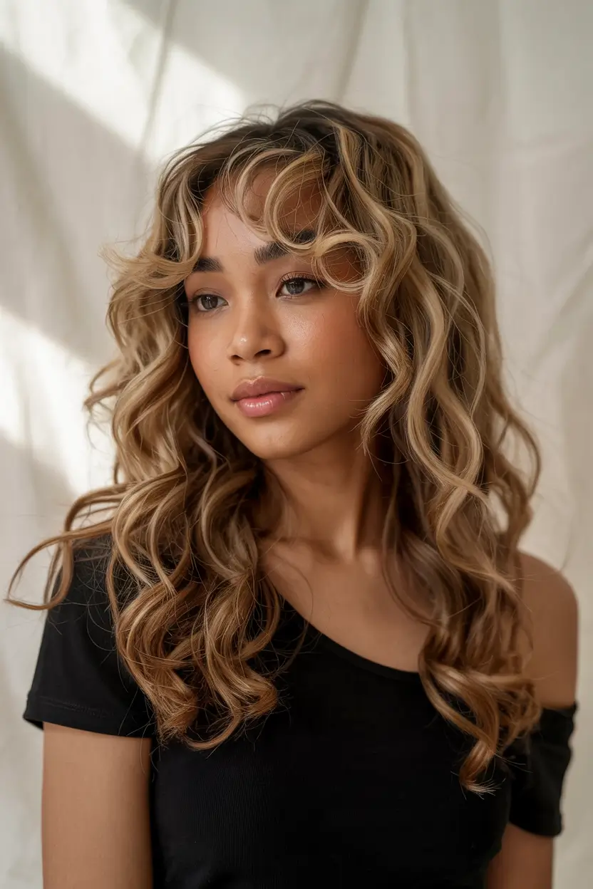 spring hair color for tan skin 2026 Golden Beige Layers With Soft Blonde Dimension