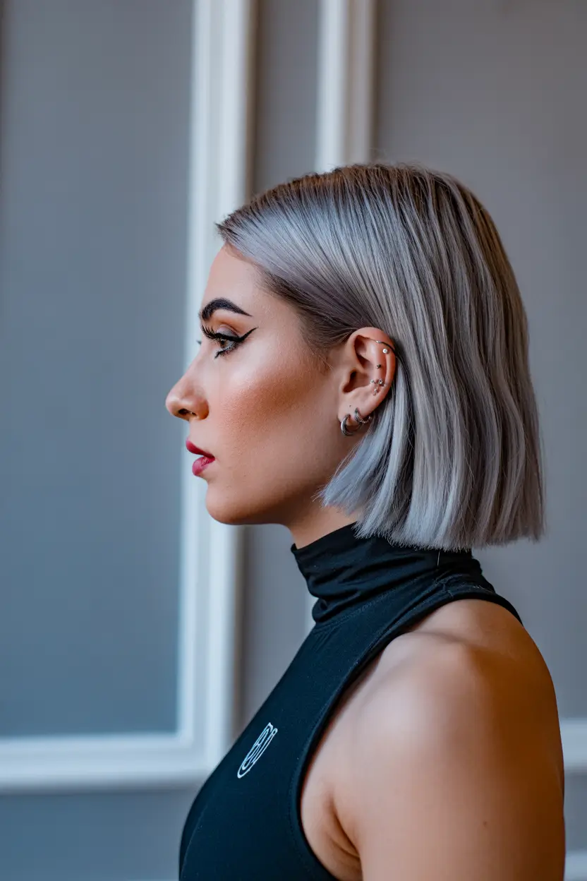 spring hair color for tan skin 2026 Precision Ash Gray Blunt Bob