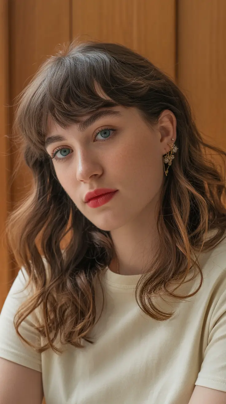 spring hair color for tan skin 2026 Soft Chestnut Layers With Wispy Fringe