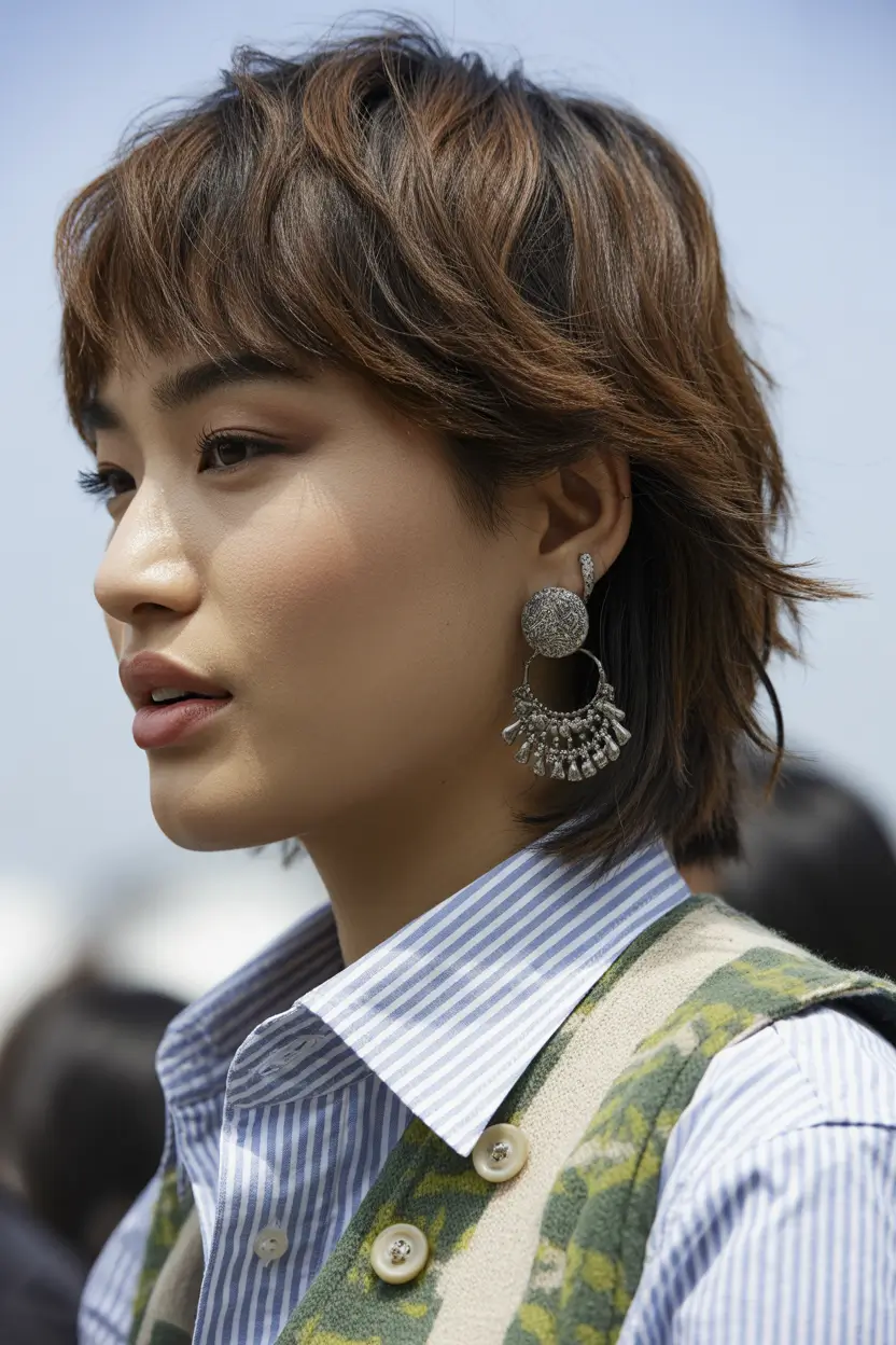 spring hair color for tan skin 2026 Textured Brunette Shag With Modern Edge