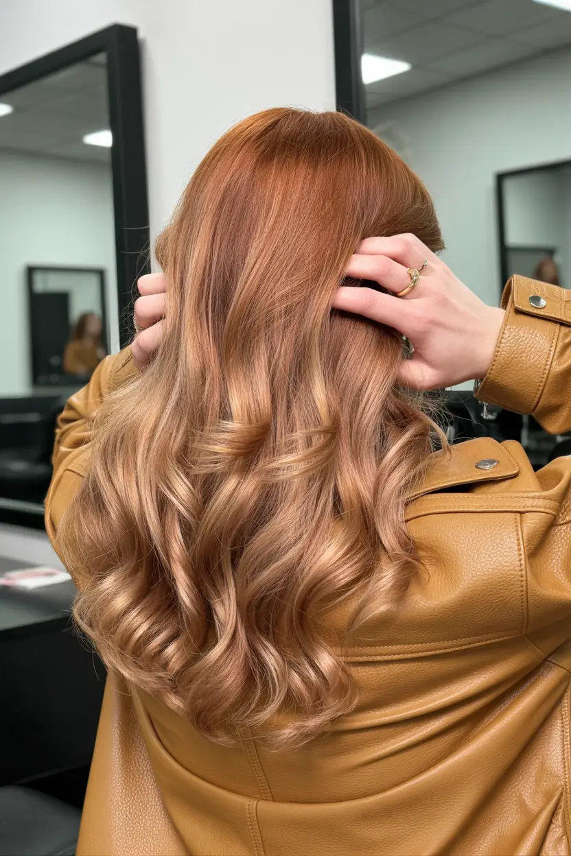 spring hair color warm skin tone 2026 Warm Caramel Waves with Copper Undertones