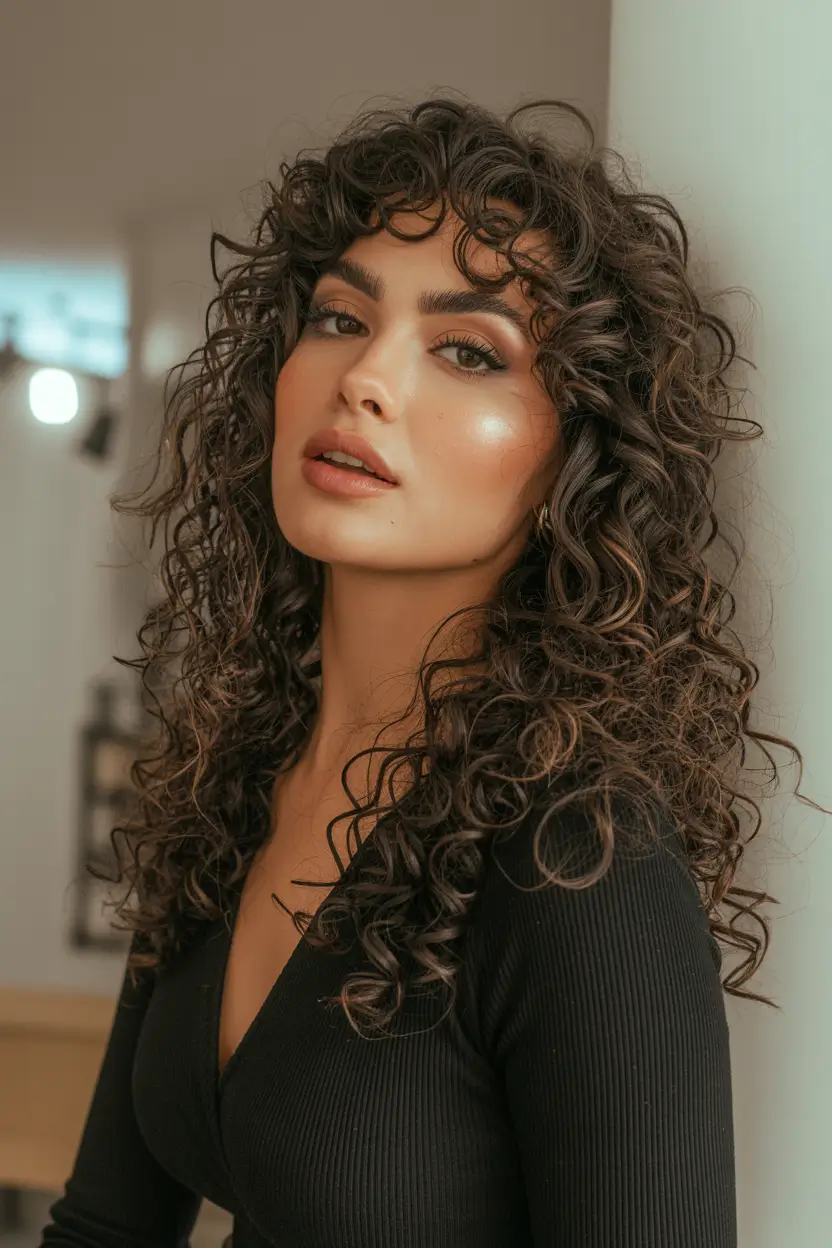 spring hair color warm skin tone 2026 Soft Espresso Curls with Subtle Highlights