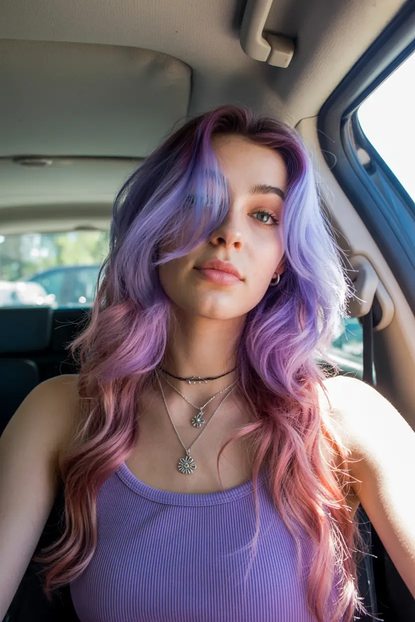 spring hair color warm skin tone 2026 Lavender Rose Waves with Soft Contrast