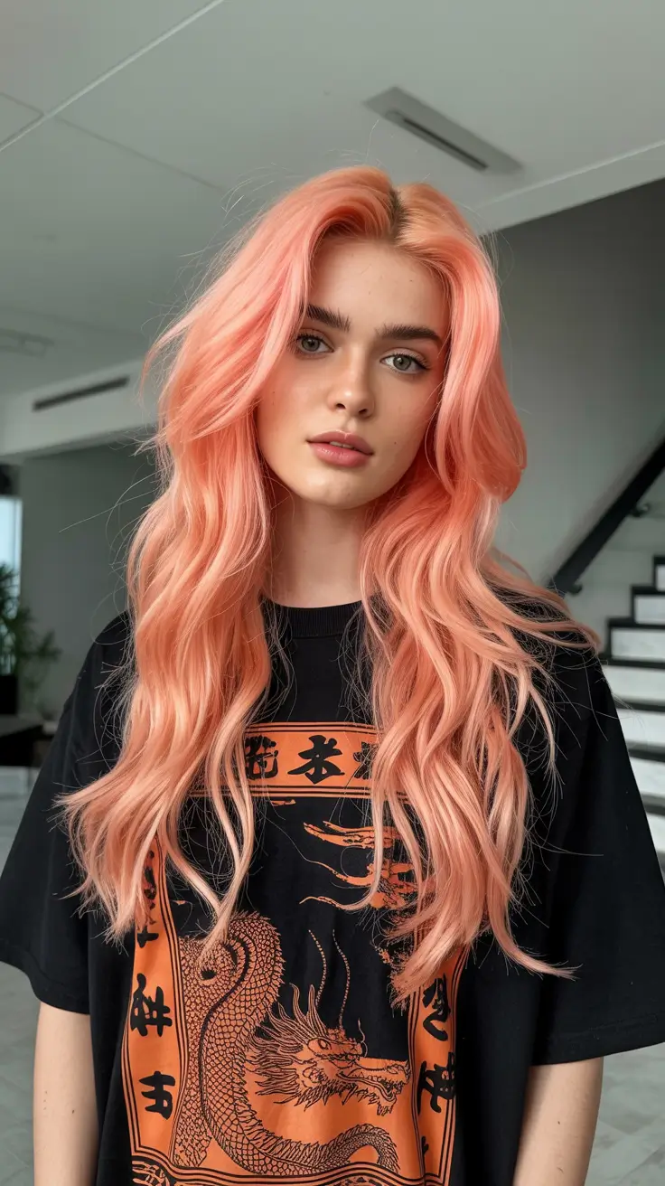 spring hair color warm skin tone 2026 Peach Coral Lengths with Natural Glow