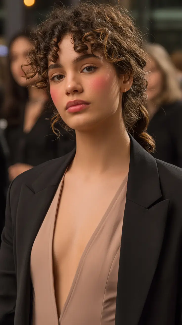 spring hair color warm skin tone 2026 Soft Curly Brunette with Warm Dimension