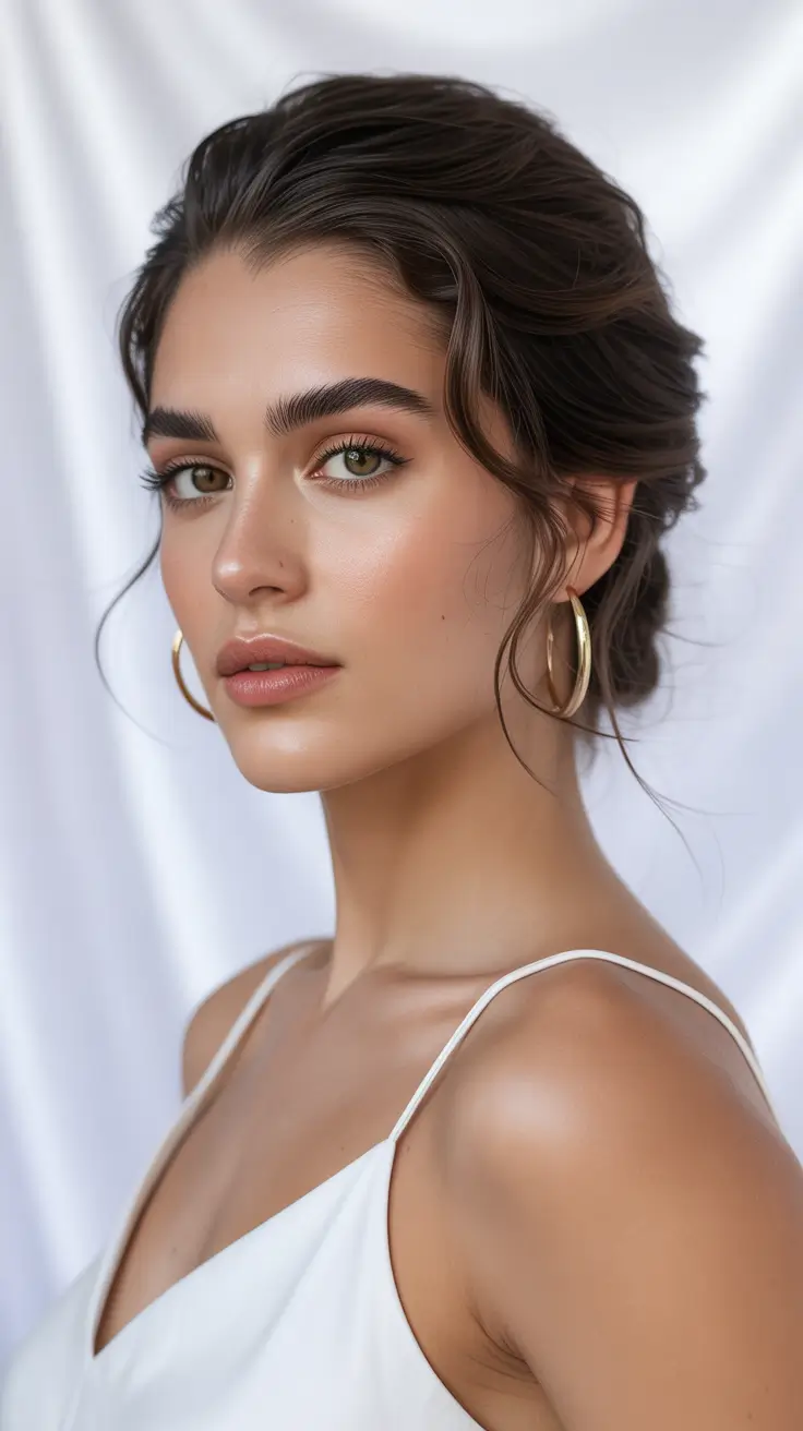 spring hair color warm skin tone 2026 Warm Espresso Updo with Golden Undertones