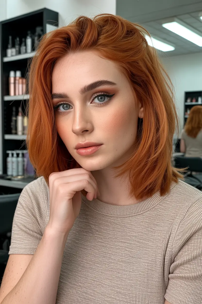 spring short haircut 2026 Classic Copper Lob with Natural Shine