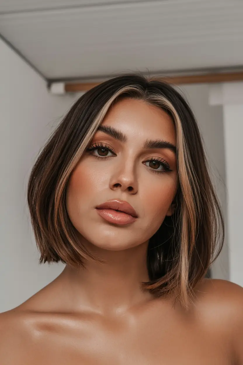 spring short haircut 2026 Glossy Brunette Bob with Highlighted Contours