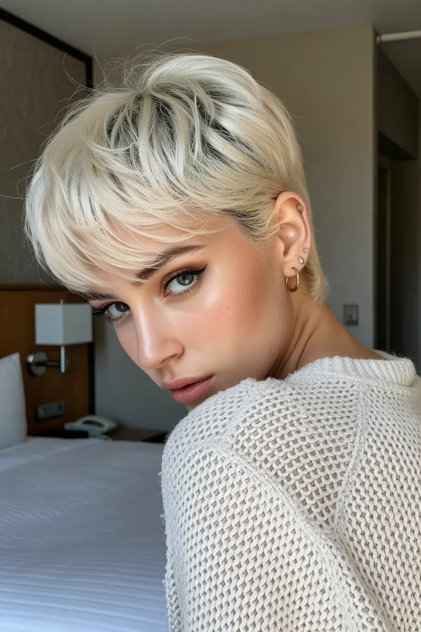 spring short haircut 2026 Icy Blonde Pixie with Feathered Bangs