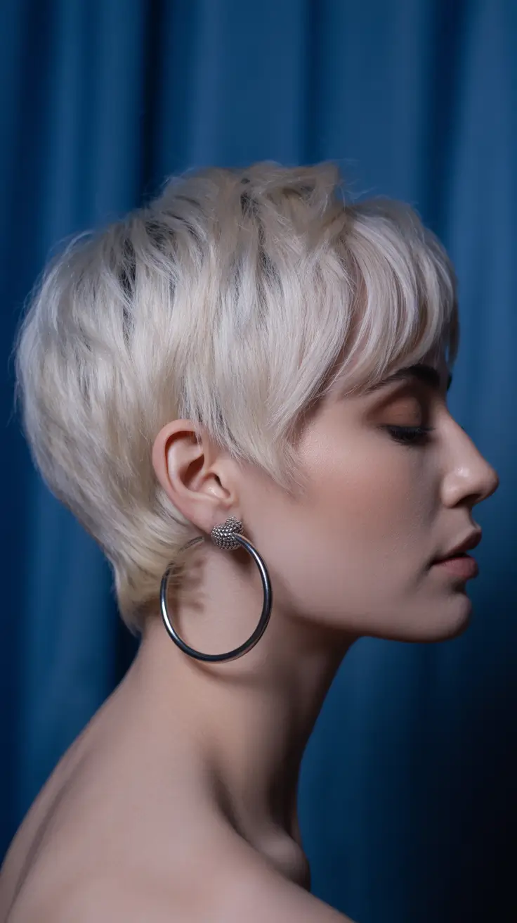 spring short haircut 2026 Platinum Feathered Pixie with Soft Drama