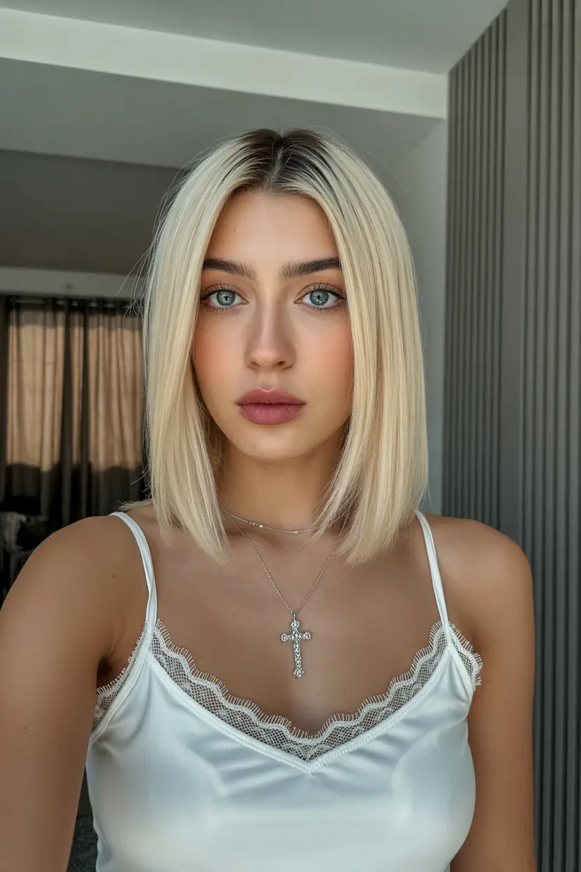 spring short haircut 2026 Sleek Blonde Lob with Clean Center Part