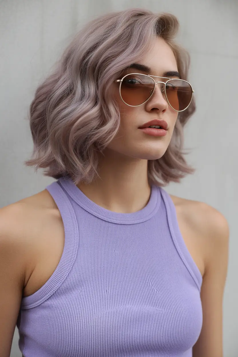 spring short haircut 2026 Lavender Wavy Bob with Soft Retro Energy