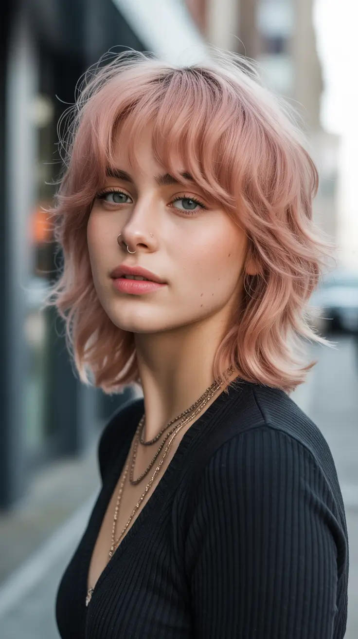 spring short haircut 2026 Pastel Pink Shag with Soft Layered Bangs