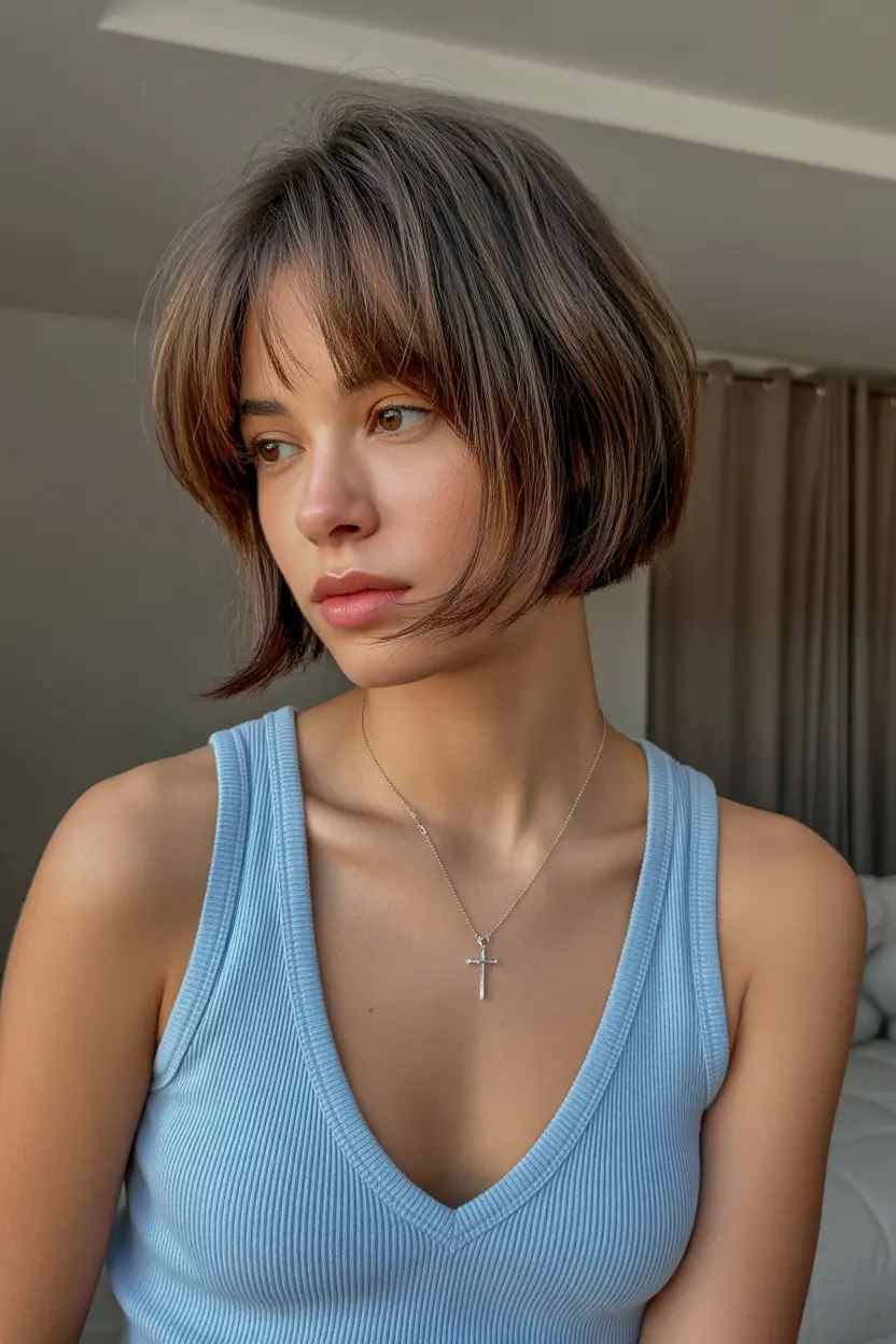 spring short haircut 2026 Rounded Brunette Bob with Natural Bangs