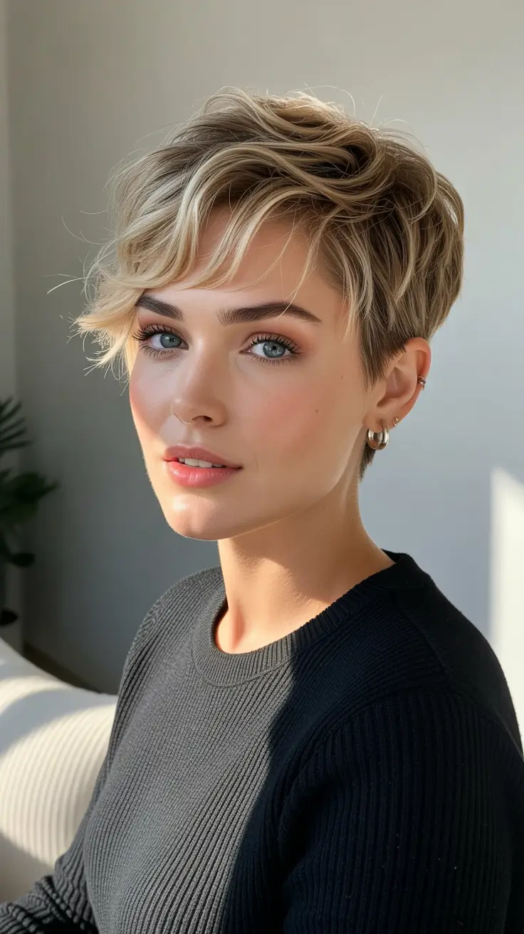 spring short haircut 2026 Textured Blonde Pixie with Side Sweep Layers