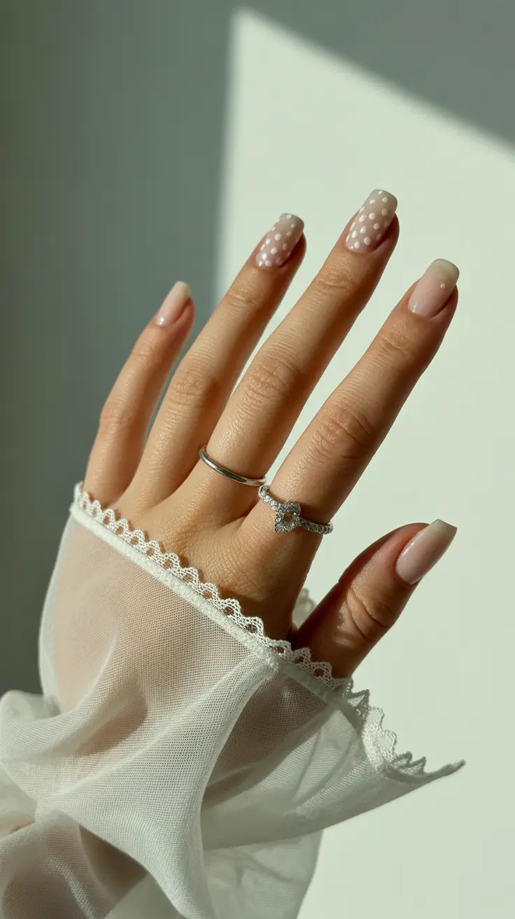 Stylish Classy Spring Nails 2026 Short Sheer Pink with Polka Accent