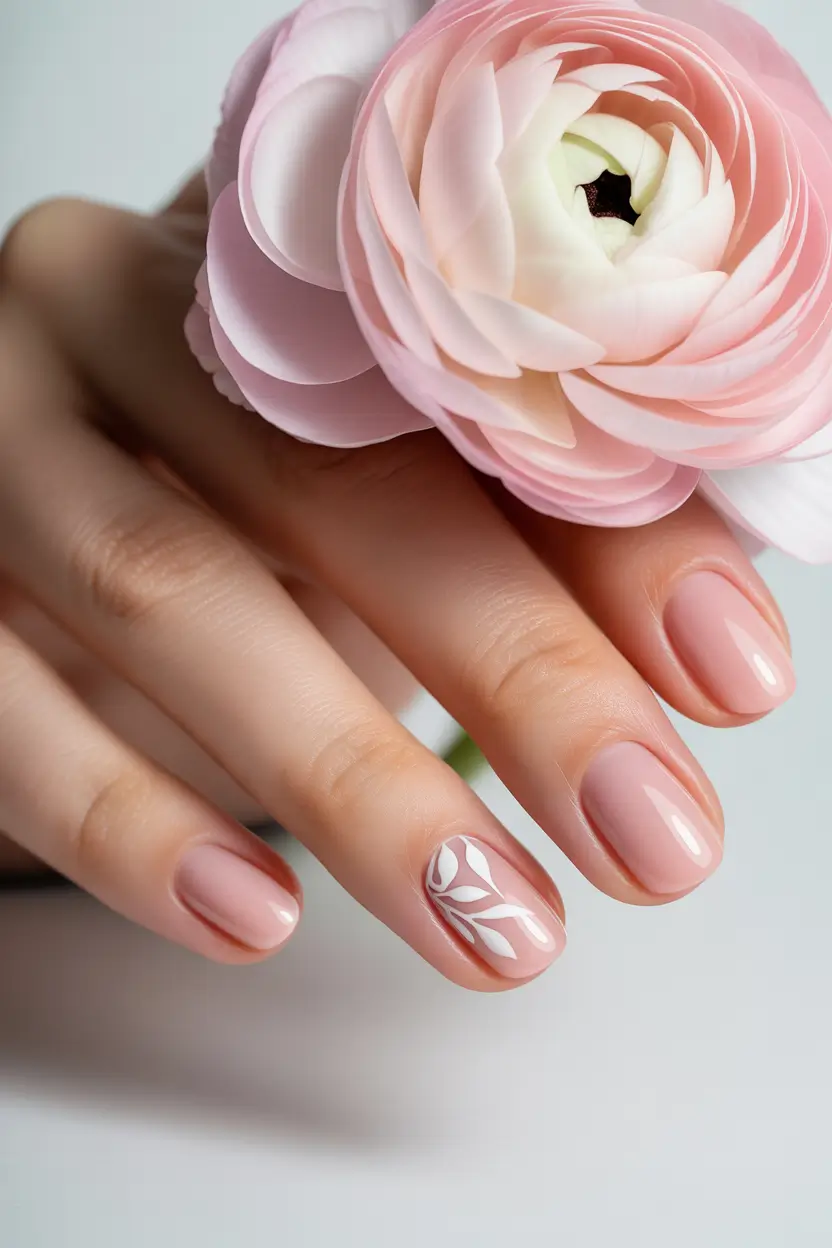 Stylish Classy Spring Nails 2026 Blush Almond with White Botanical Detail