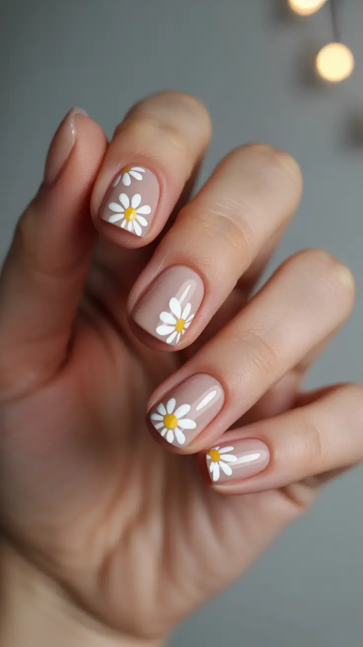 Stylish Classy Spring Nails 2026 Short Nude Daisy Nails