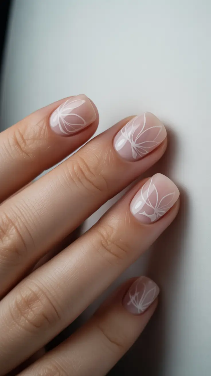 Stylish Classy Spring Nails 2026 Sheer Pink with Delicate White Butterfly Lines