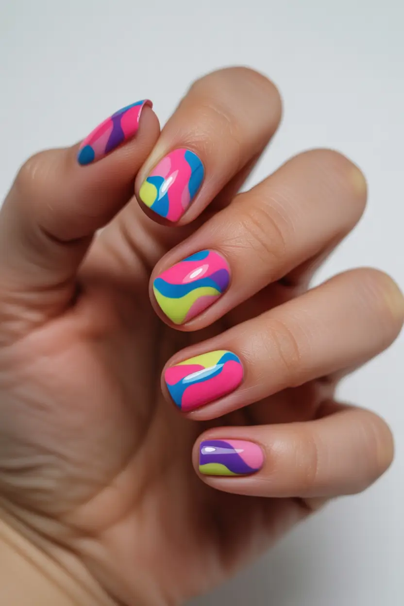 colorful spring nails 2026 Neon Abstract Waves for Full Bright Spring Mood