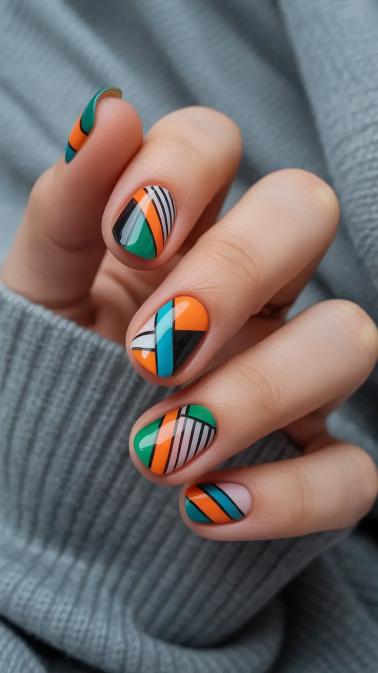 colorful spring nails 2026 Graphic Green and Orange Contrast for Bold Colorful Spring Nails 2026