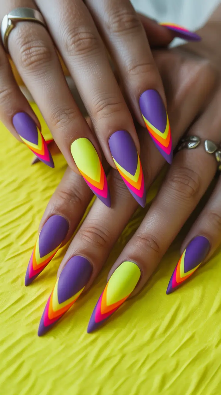 colorful spring nails 2026 Long Almond Neon Chevron Layers