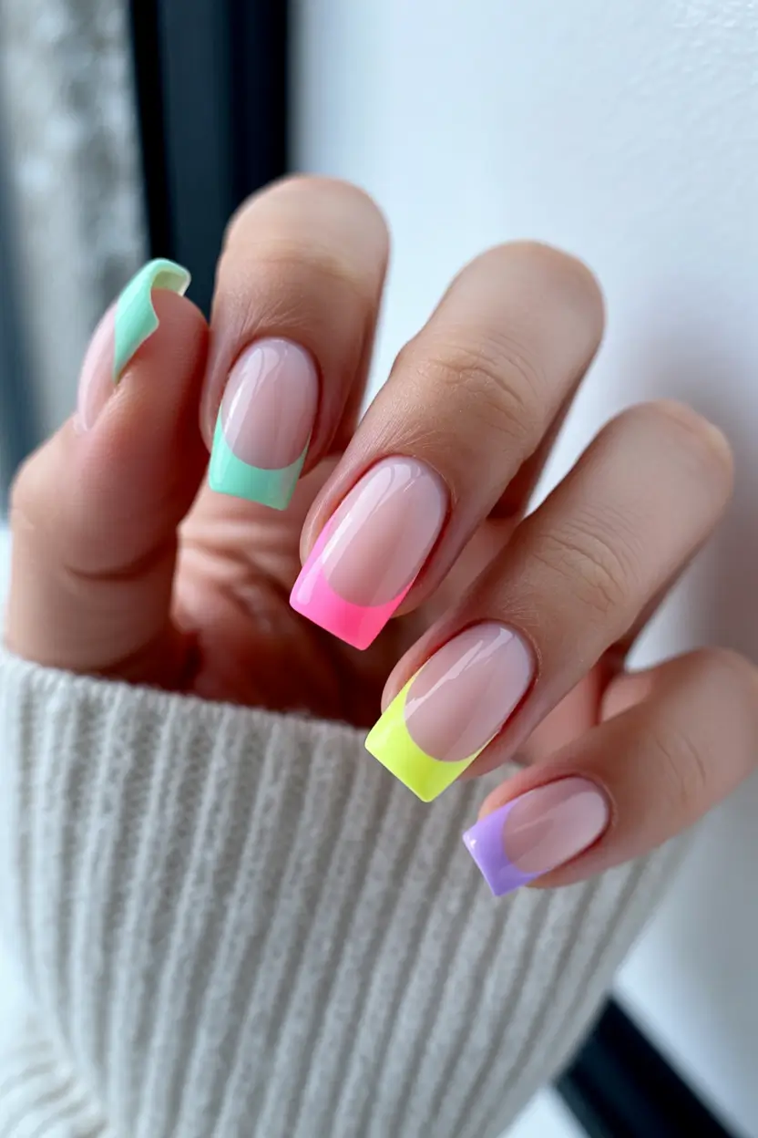 colorful spring nails 2026 Pastel French Tips with a Modern Square Twist