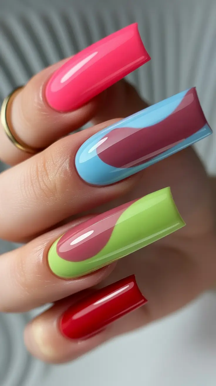 colorful spring nails 2026 Glossy Neon Waves on Long Square Acrylics