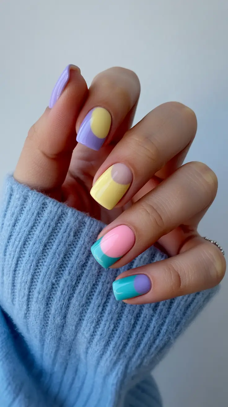 colorful spring nails 2026 Pastel Almond with Soft Color Blocking