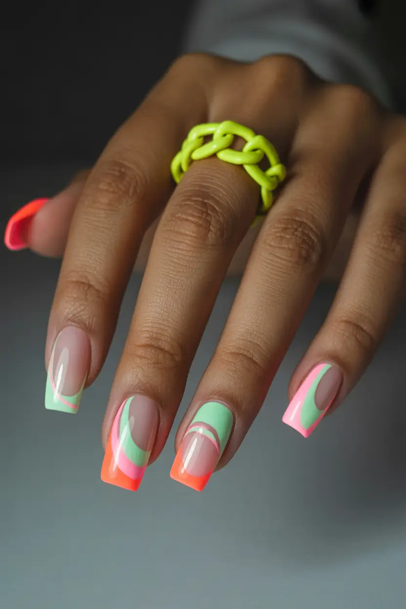 colorful spring nails 2026 Neon French Remix on Square Tips