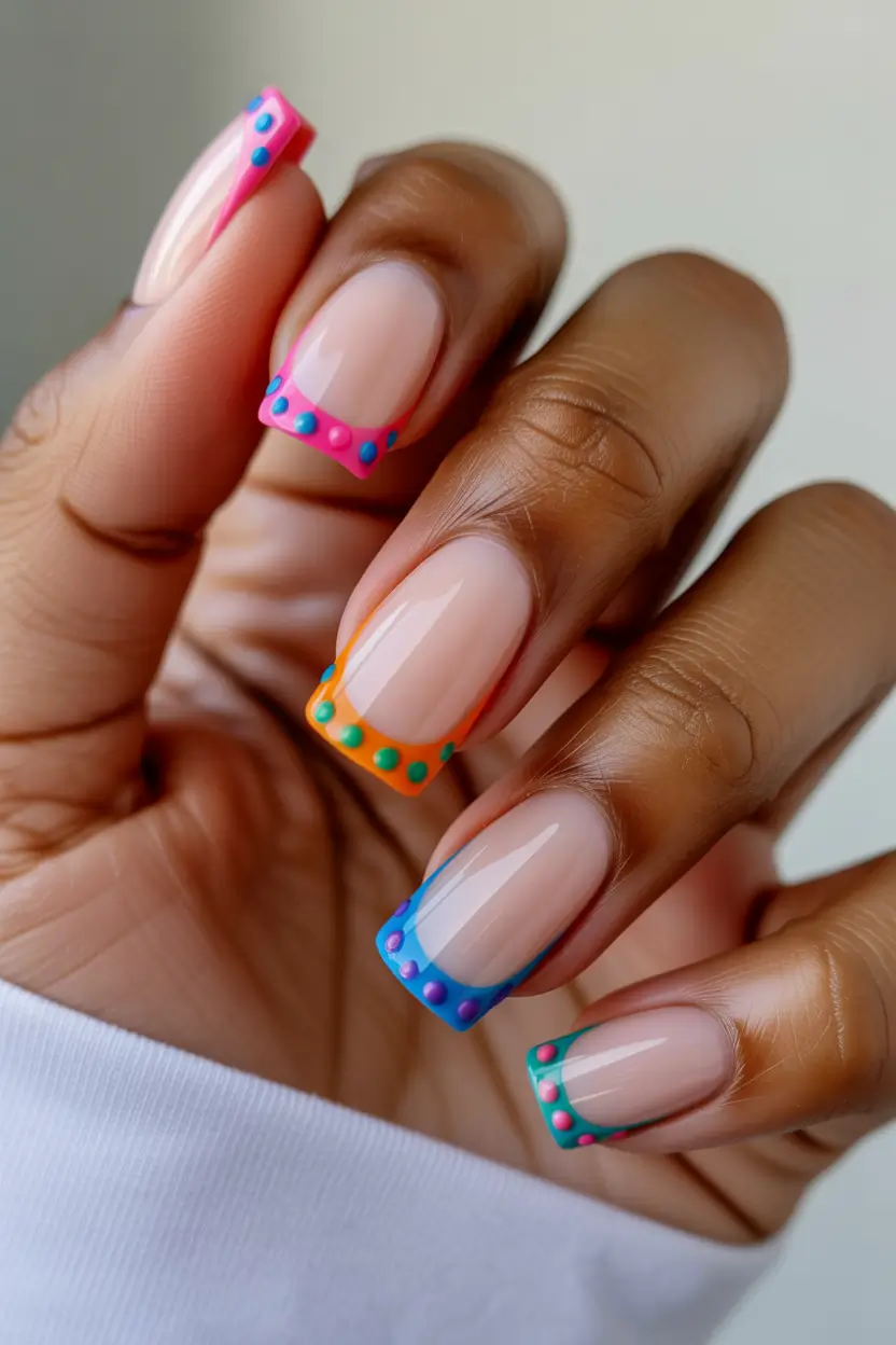 colorful spring nails 2026 Bright Dotted French on Short Square