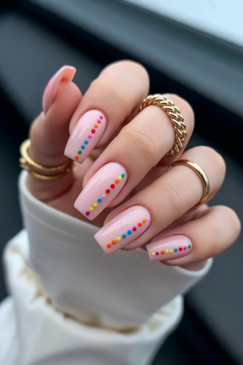colorful spring nails 2026 Minimal Rainbow Dot Lines on Soft Pink