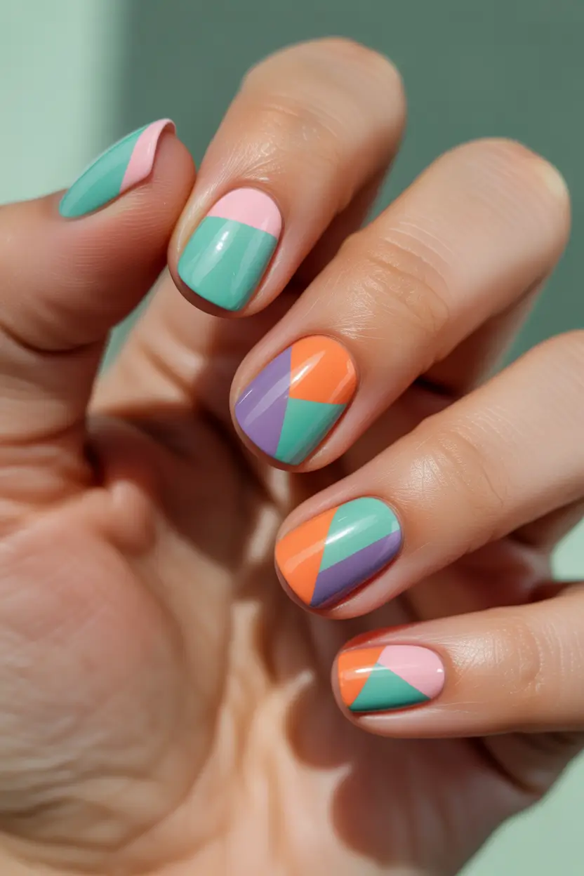 colorful spring nails 2026 Short Geometric Multi Design in Soft Spring Tones