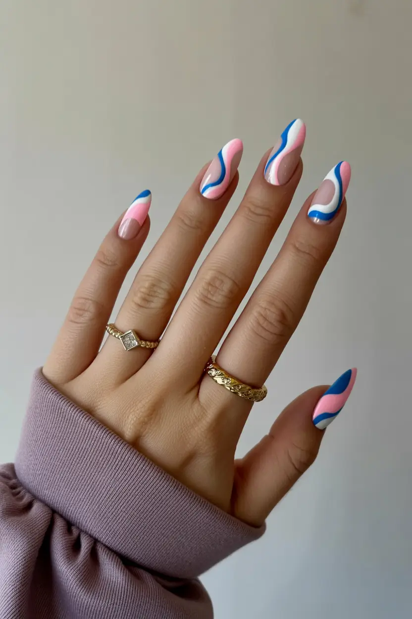 colorful spring nails 2026 Almond Waves in Pink and Blue for Bright Spring Energy