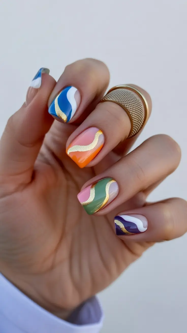 colorful spring nails 2026 Glossy Color Swirls with Gold Accents for Statement Spring Nails
