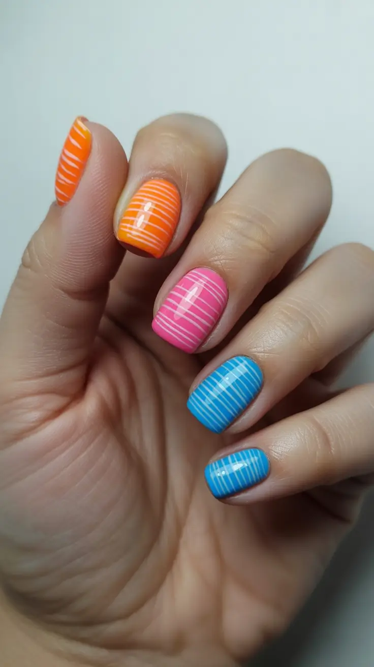 colorful spring nails 2026 Bright Striped Short Nails with Graphic Energy